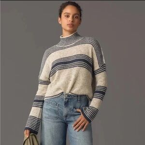 Anthropologie Navy and Cream Striped Turtleneck Sweater
